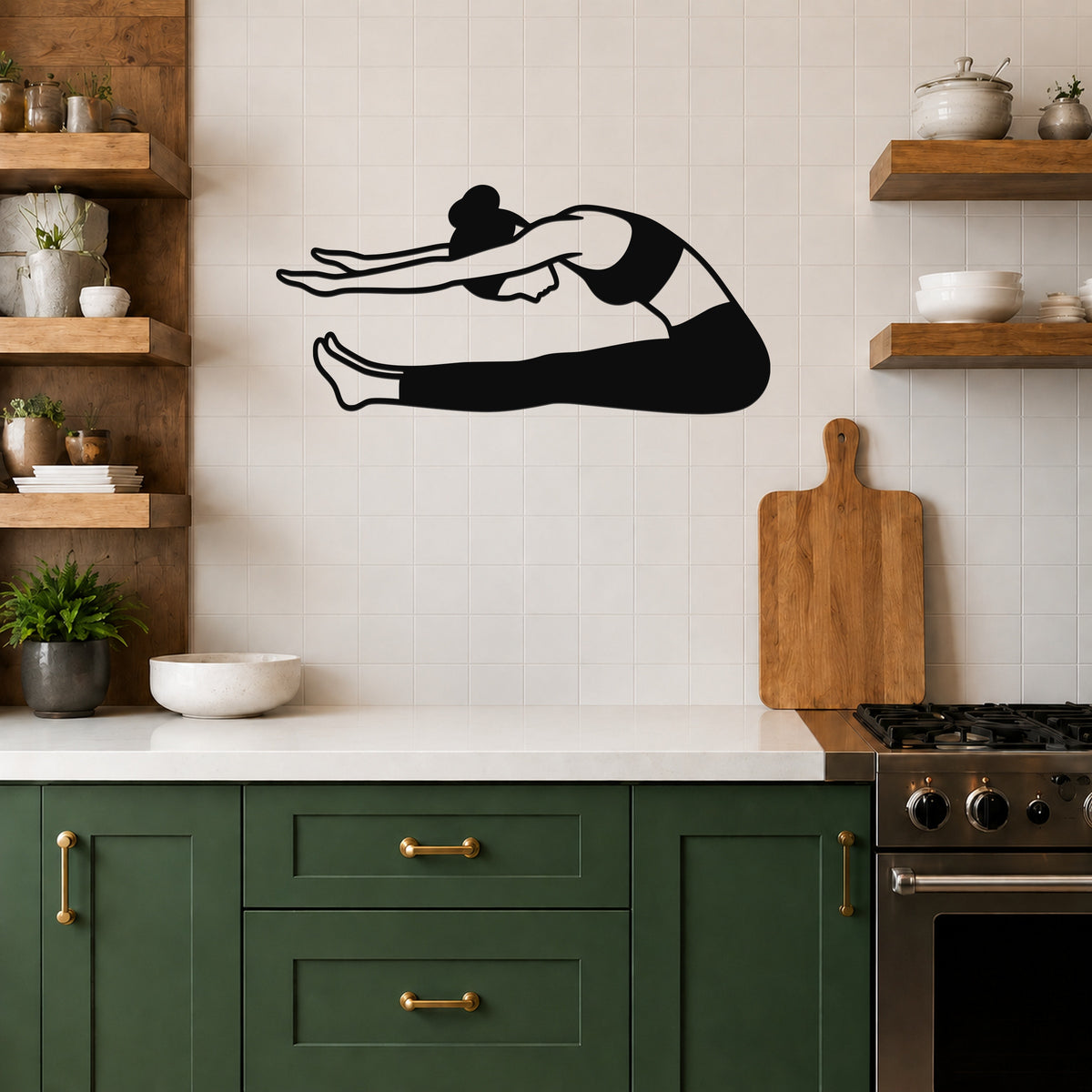 Female Classical Pilates Roll Up waterproof steel metal wall art, mockup 5