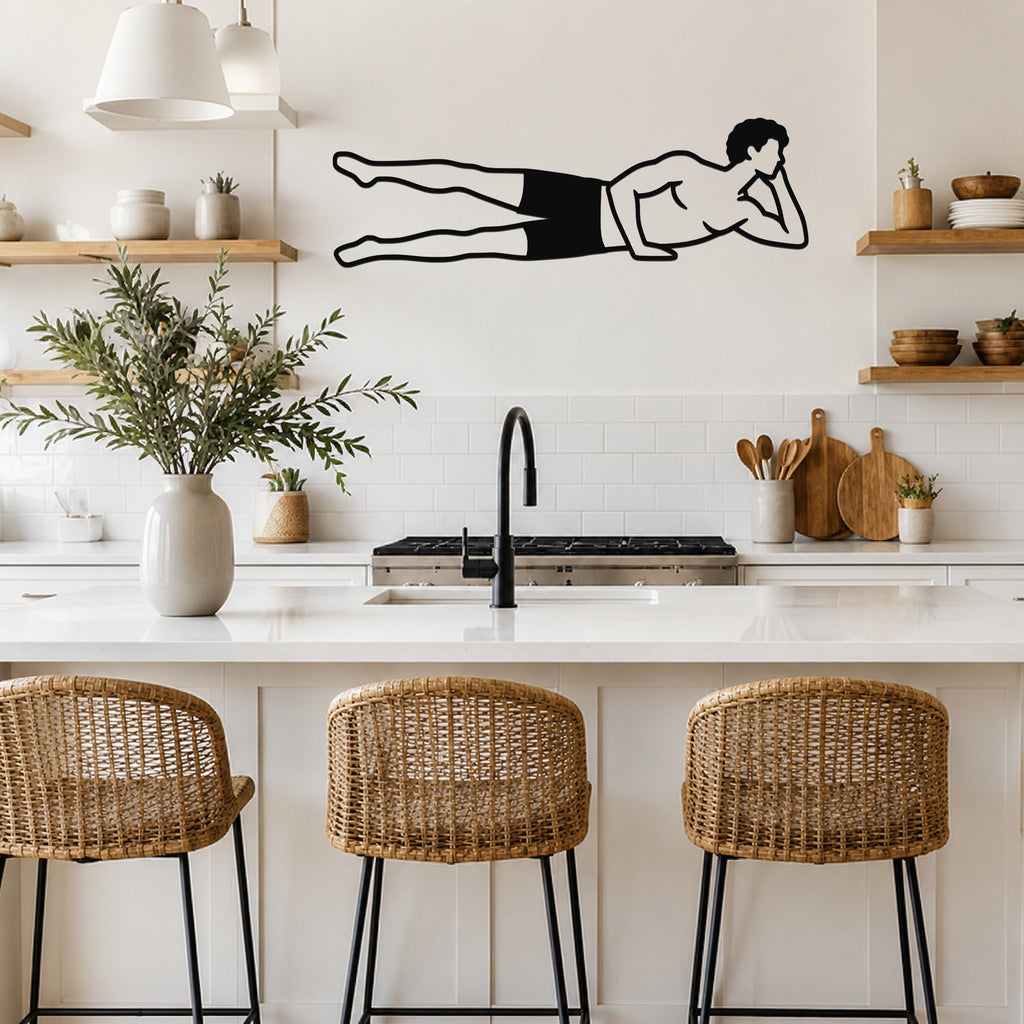 Male Classical Pilates Side Kick waterproof steel metal wall art, mockup 5