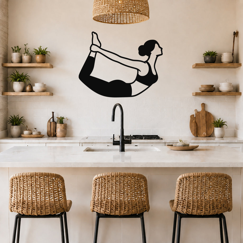 Female Classical Pilates Rocking waterproof steel metal wall art, mockup 5