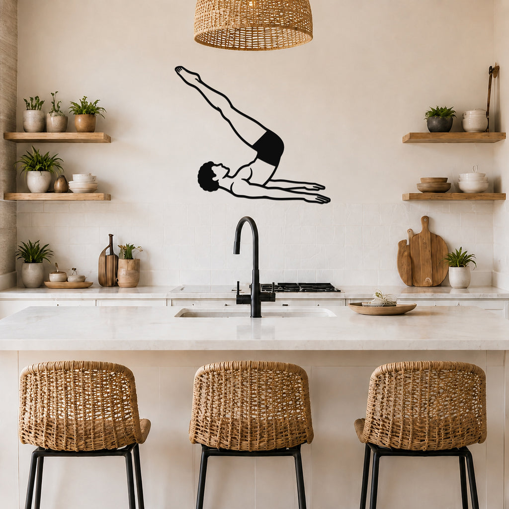 Male Classical Pilates Corkscrew waterproof steel metal wall art, mockup 5