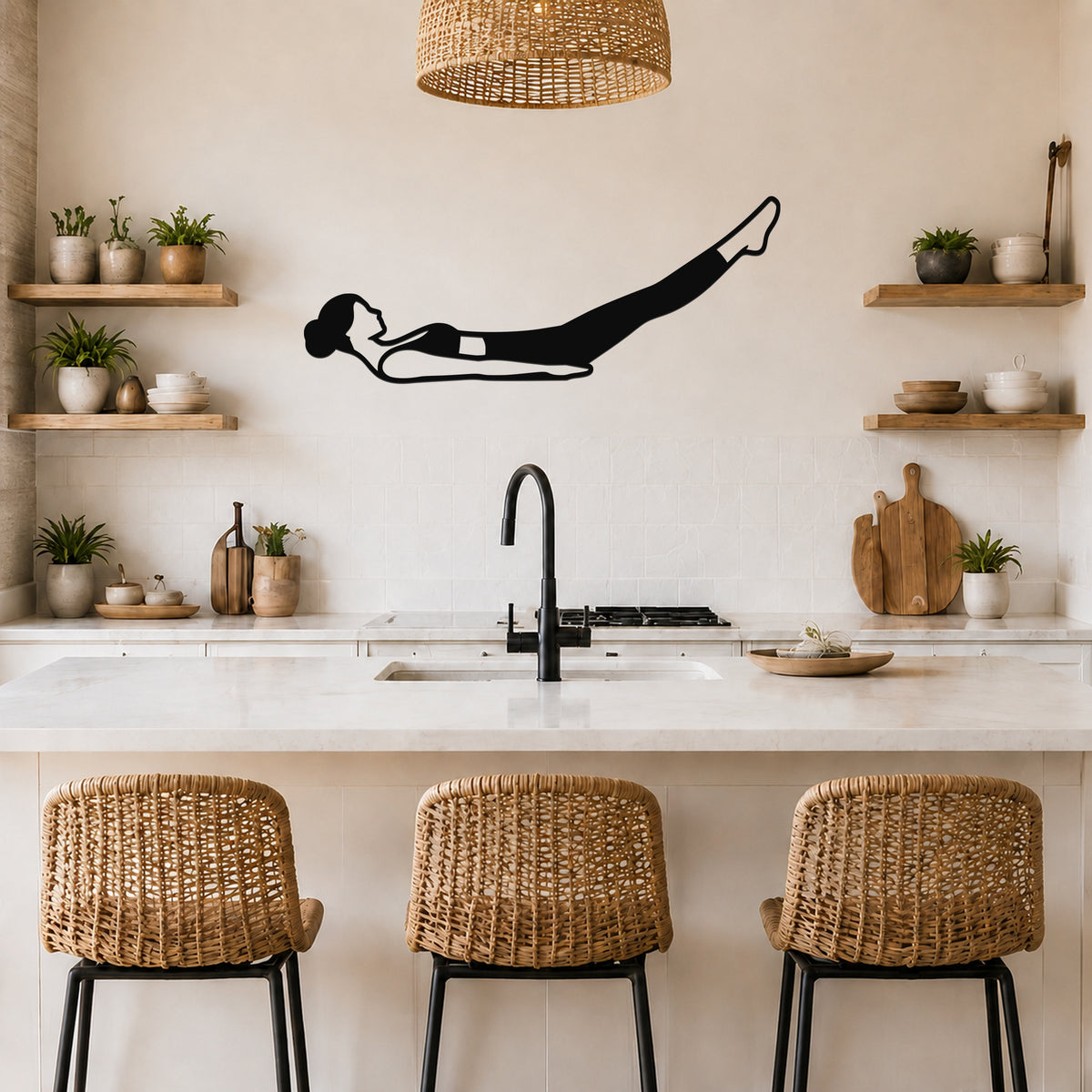 Female Classical Pilates Hundred waterproof steel metal wall art, mockup 5