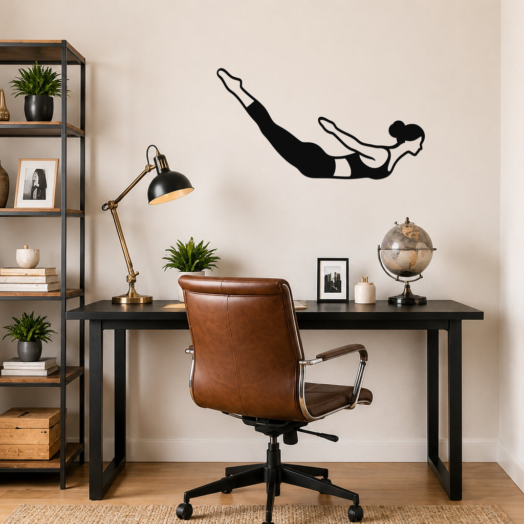Female Classical Pilates Swan Dive waterproof steel metal wall art, mockup 5