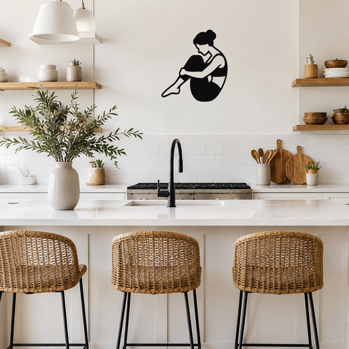 Female Classical Pilates Rolling Like a Ball waterproof steel metal wall art, mockup 5