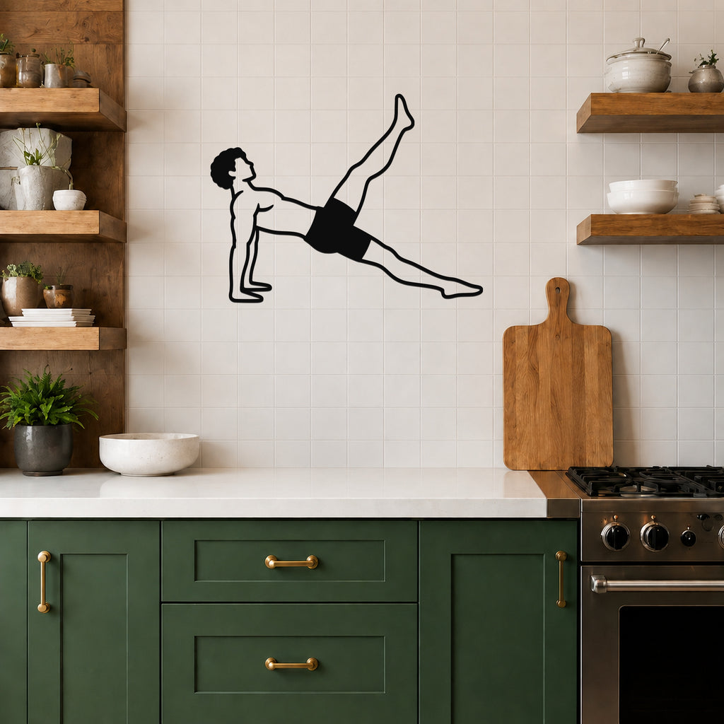 Male Classical Pilates Leg Pull Back waterproof steel metal wall art, mockup 5