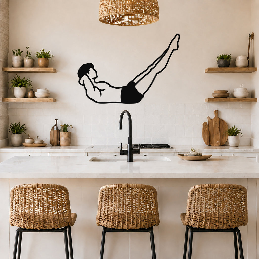 Male Classical Pilates Double Straight Leg waterproof steel metal wall art, mockup 5