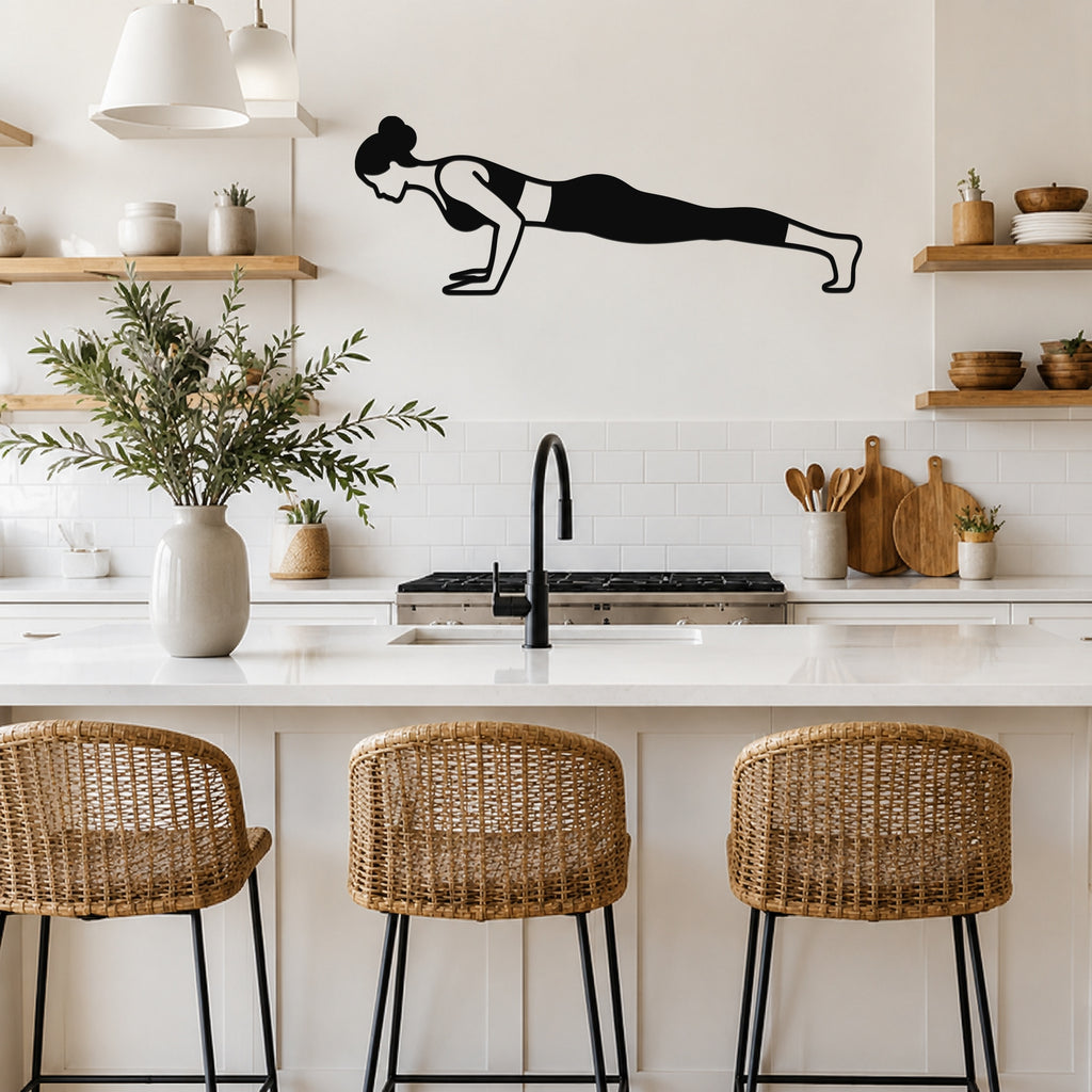 Female Classical Pilates Push Up waterproof steel metal wall art, mockup 5