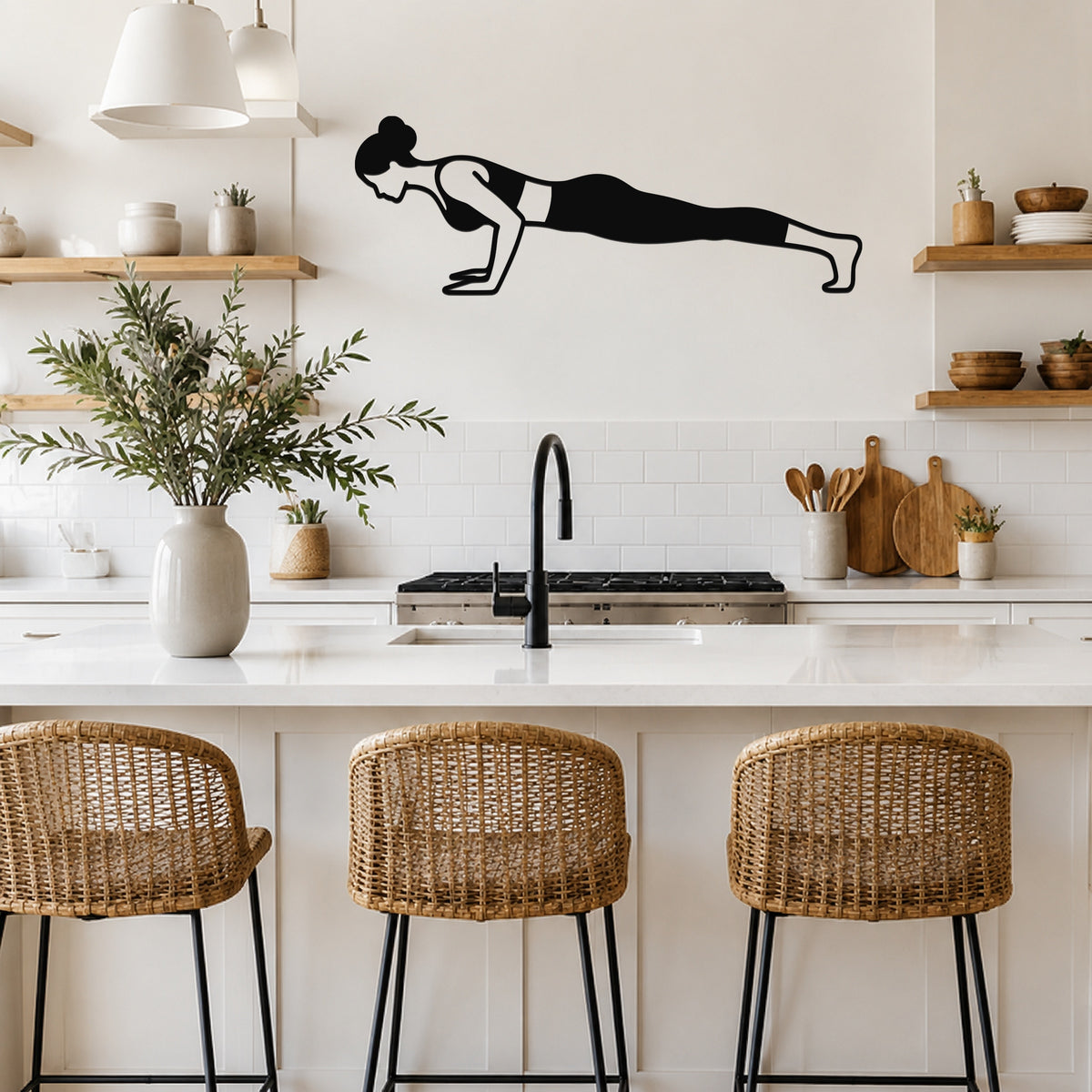 Female Classical Pilates Push Up waterproof steel metal wall art, mockup 5
