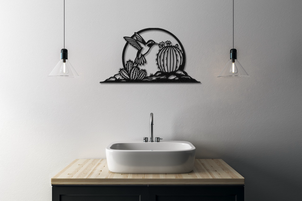 Barrel Cactus Metal Wall Art Desert Scene, Hummingbird Silhouette (Weatherproof Steel, Indoor Outdoor, Southwest Style)