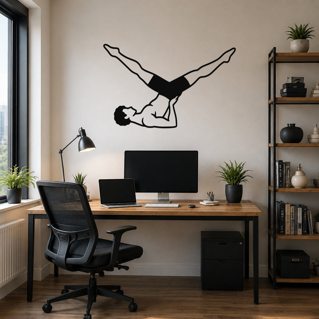Male Classical Pilates Scissors waterproof steel metal wall art, mockup 6