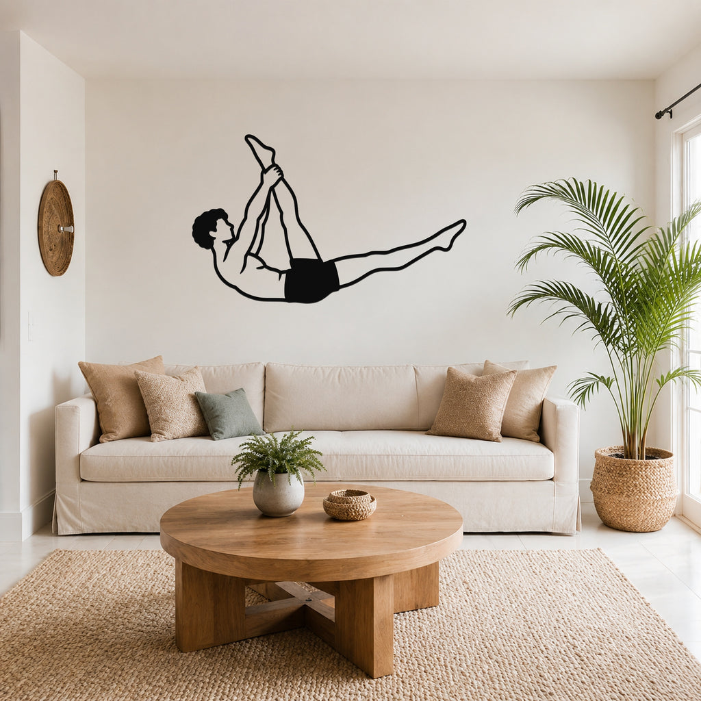 Male Classical Pilates Single Straight Leg waterproof steel metal wall art, mockup 6
