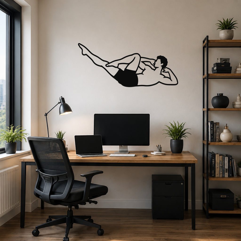 Male Classical Pilates Criss Cross waterproof steel metal wall art, mockup 6