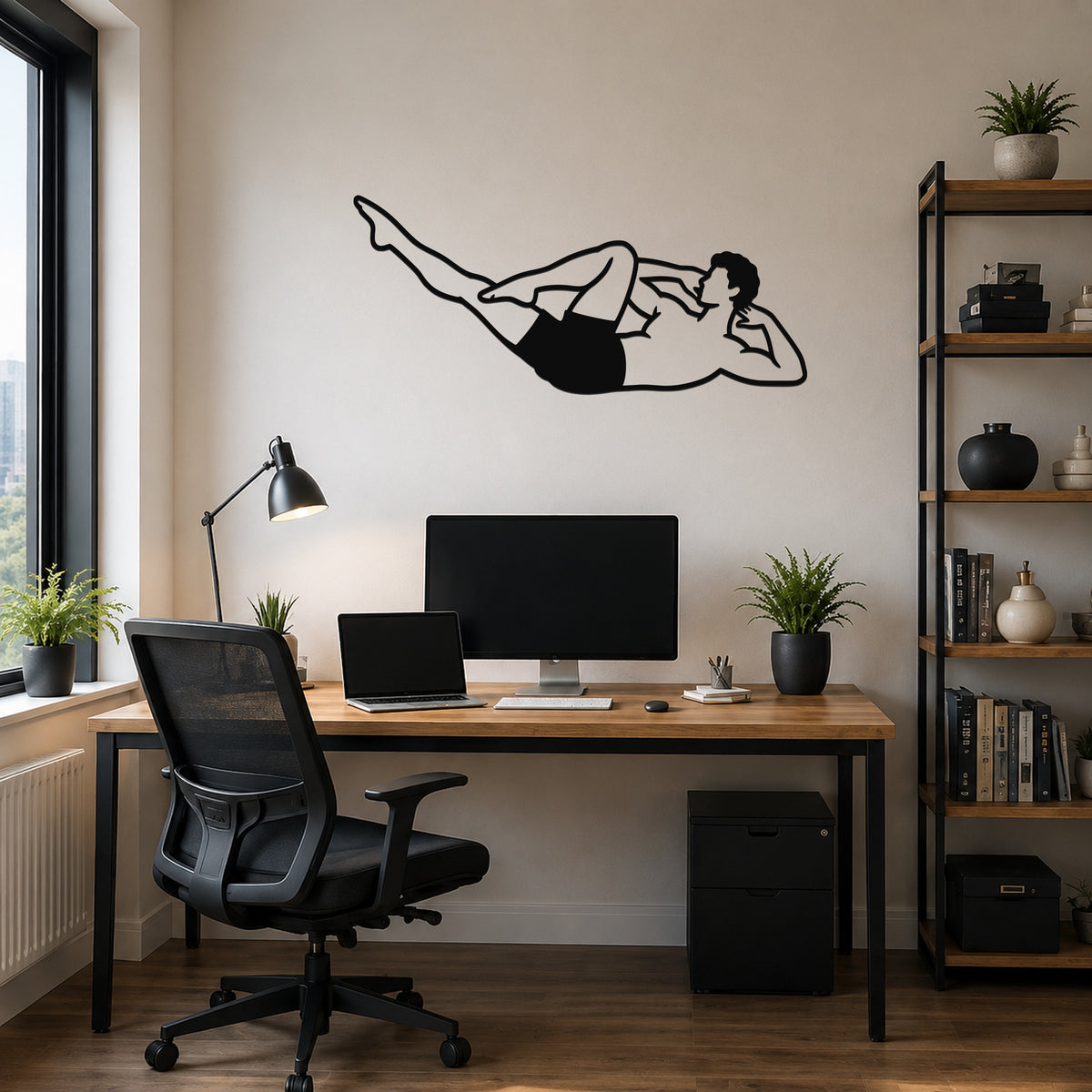 Male Classical Pilates Criss Cross waterproof steel metal wall art, mockup 6