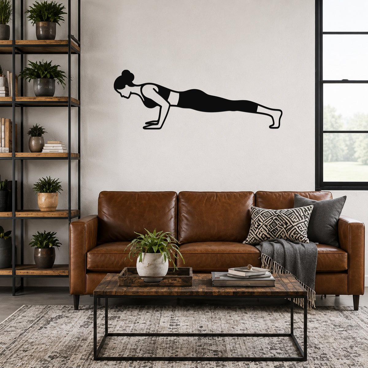 Female Classical Pilates Push Up waterproof steel metal wall art, mockup 6