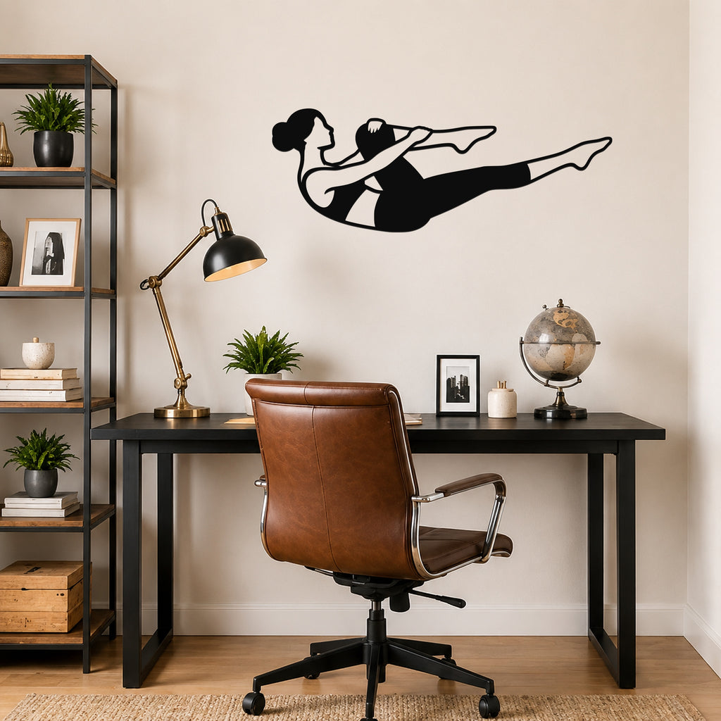 Female Classical Pilates Single Leg Stretch waterproof steel metal wall art, mockup 6