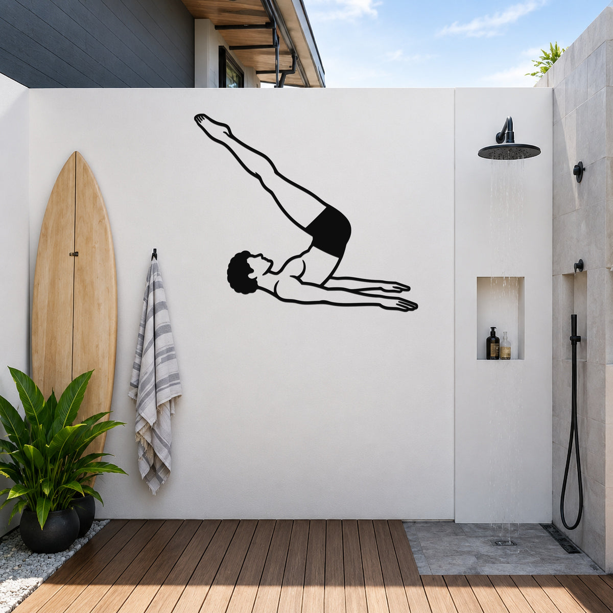 Male Classical Pilates Corkscrew waterproof steel metal wall art, mockup 6