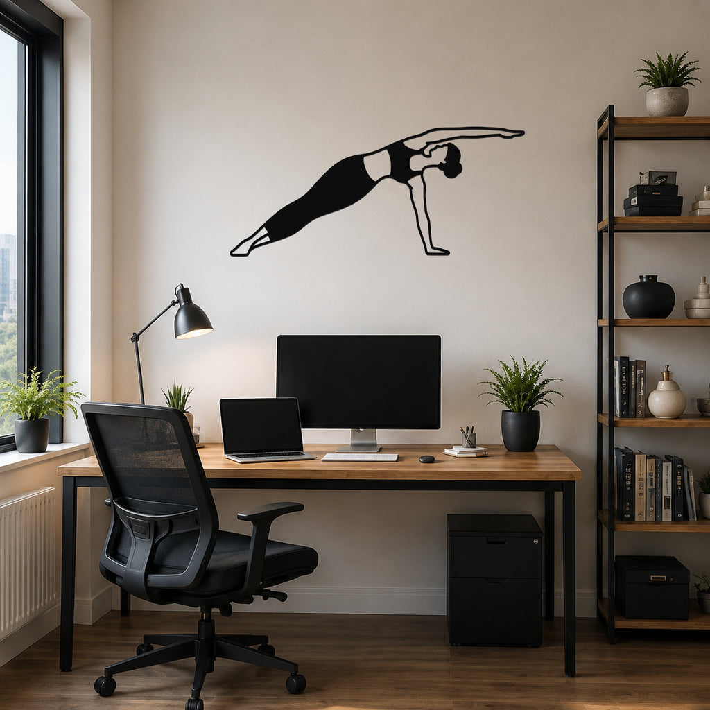 Female Classical Pilates Side Bend waterproof steel metal wall art, mockup 6