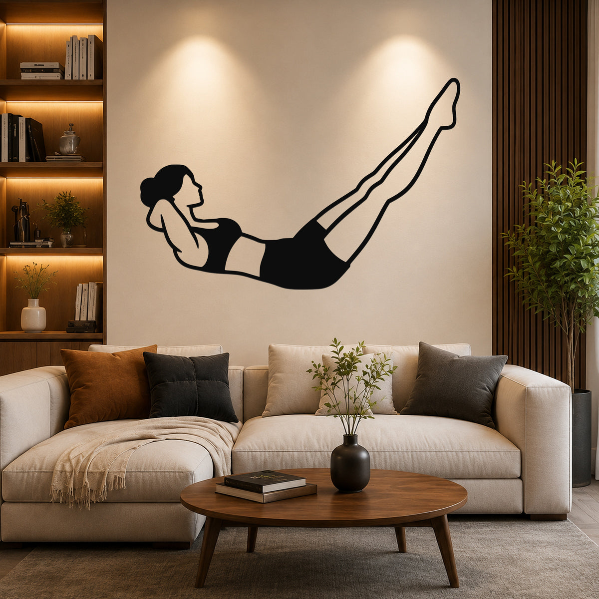 Female Classical Pilates Double Straight Leg waterproof steel metal wall art, mockup 6