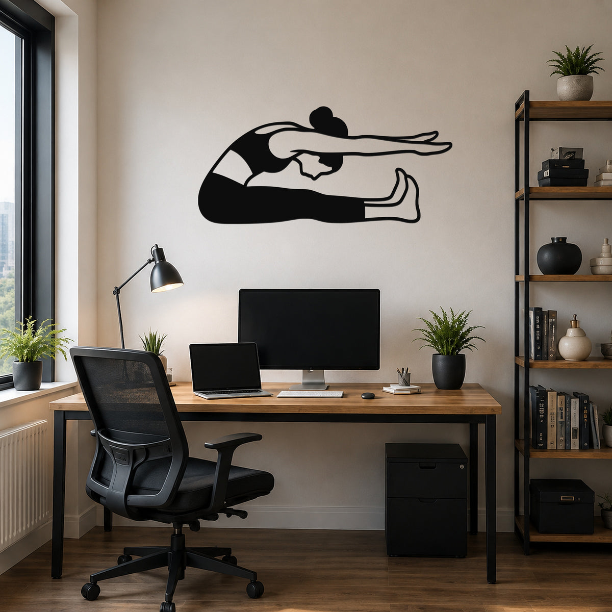 Female Classical Pilates Spine Stretch waterproof steel metal wall art, mockup 6