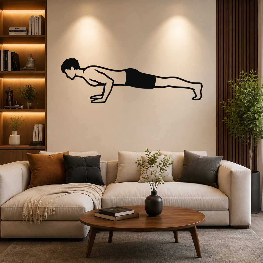 Male Classical Pilates Push Up waterproof steel metal wall art, mockup 6