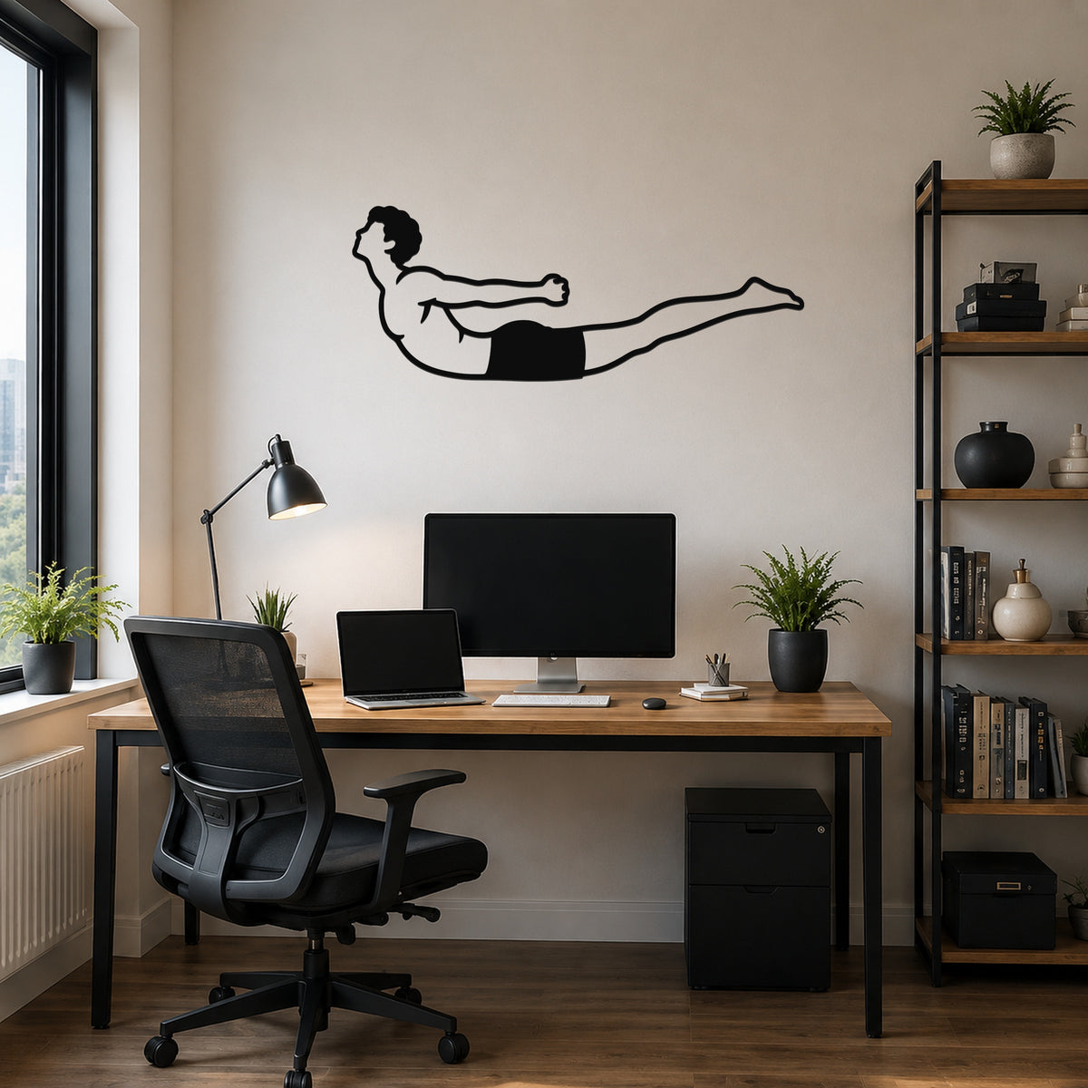 Male Classical Pilates Double Leg Kick waterproof steel metal wall art, mockup 6