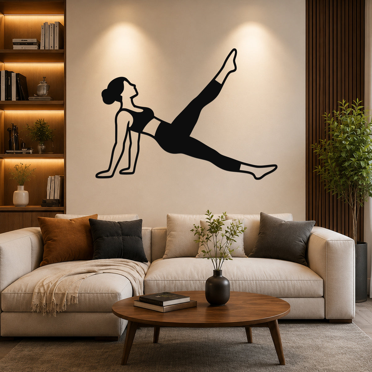 Female Classical Pilates Leg Pull Back waterproof steel metal wall art, mockup 6