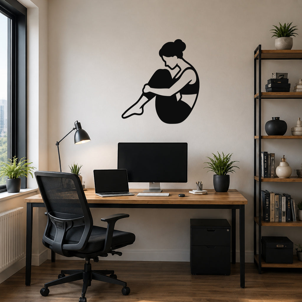 Female Classical Pilates Rolling Like a Ball waterproof steel metal wall art, mockup 6