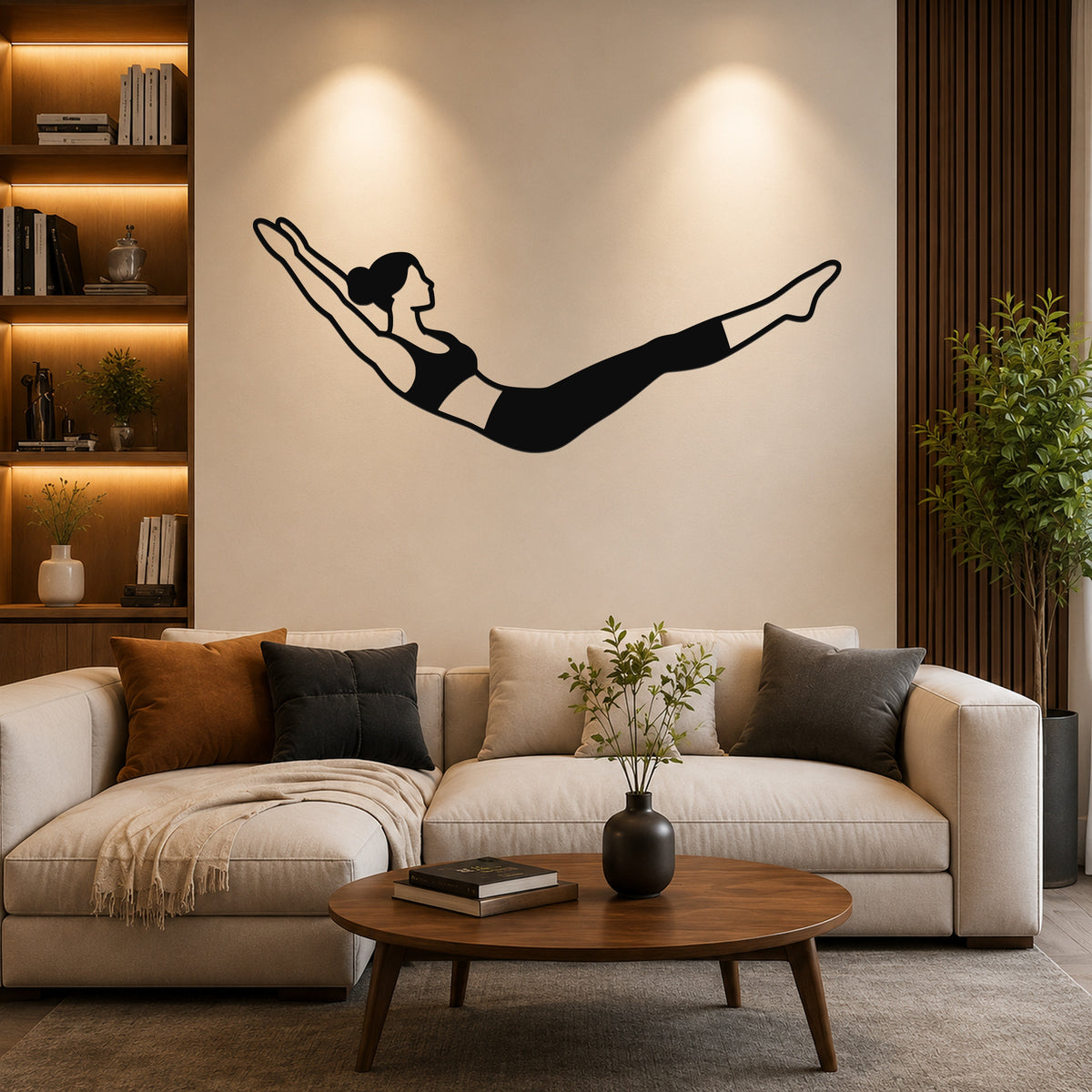 Female Classical Pilates Double Leg Stretch waterproof steel metal wall art, mockup 6