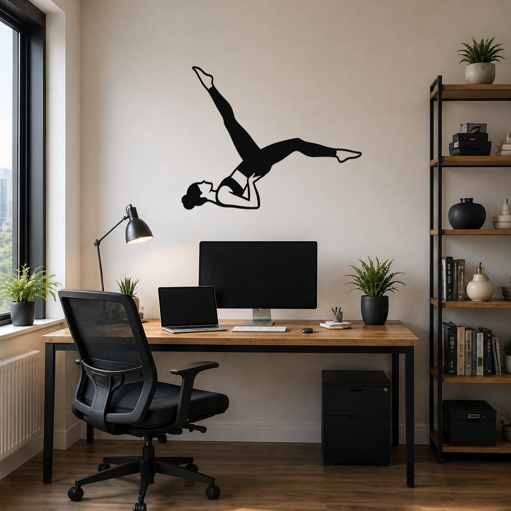 Female Classical Pilates Bicycle waterproof steel metal wall art, mockup 6