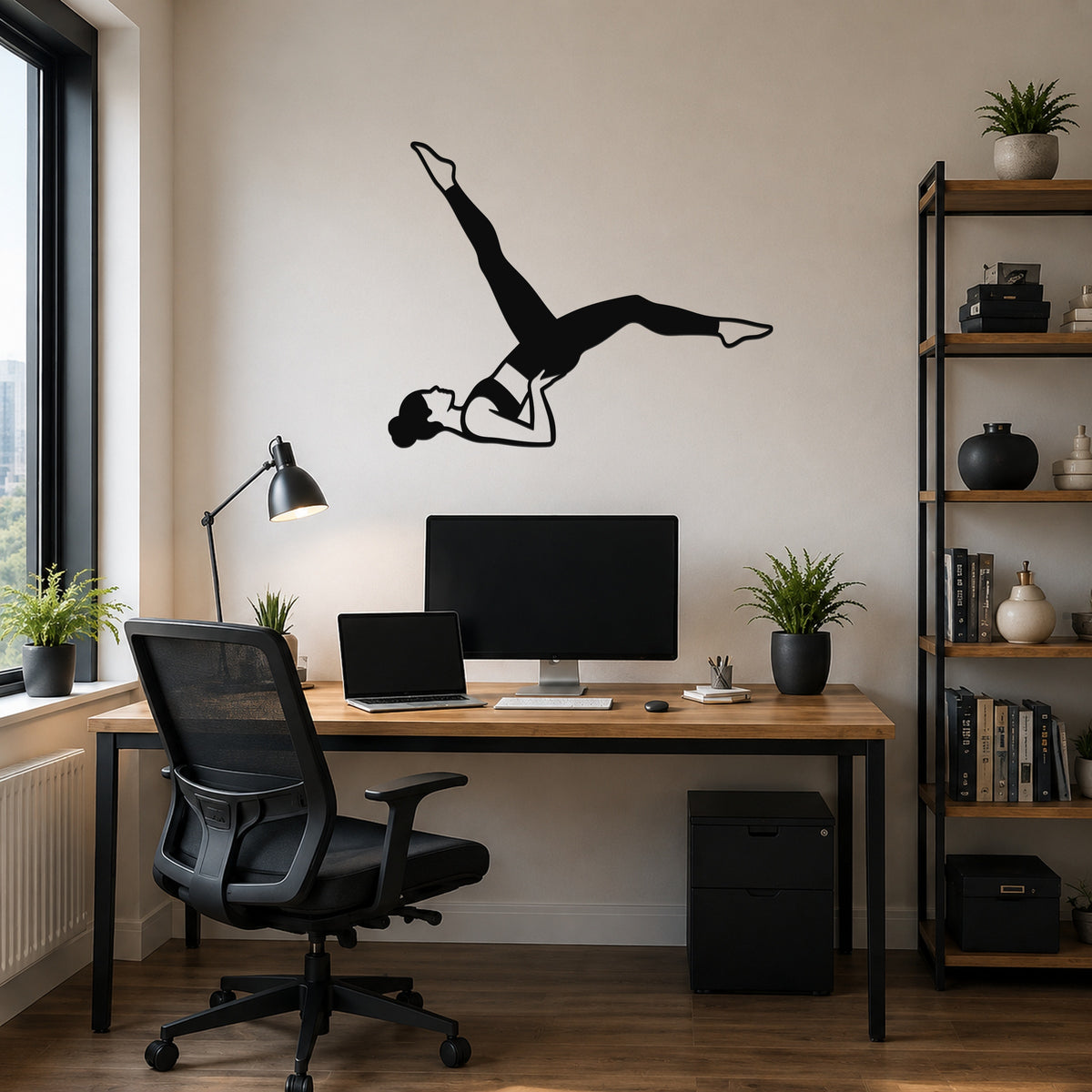 Female Classical Pilates Bicycle waterproof steel metal wall art, mockup 6