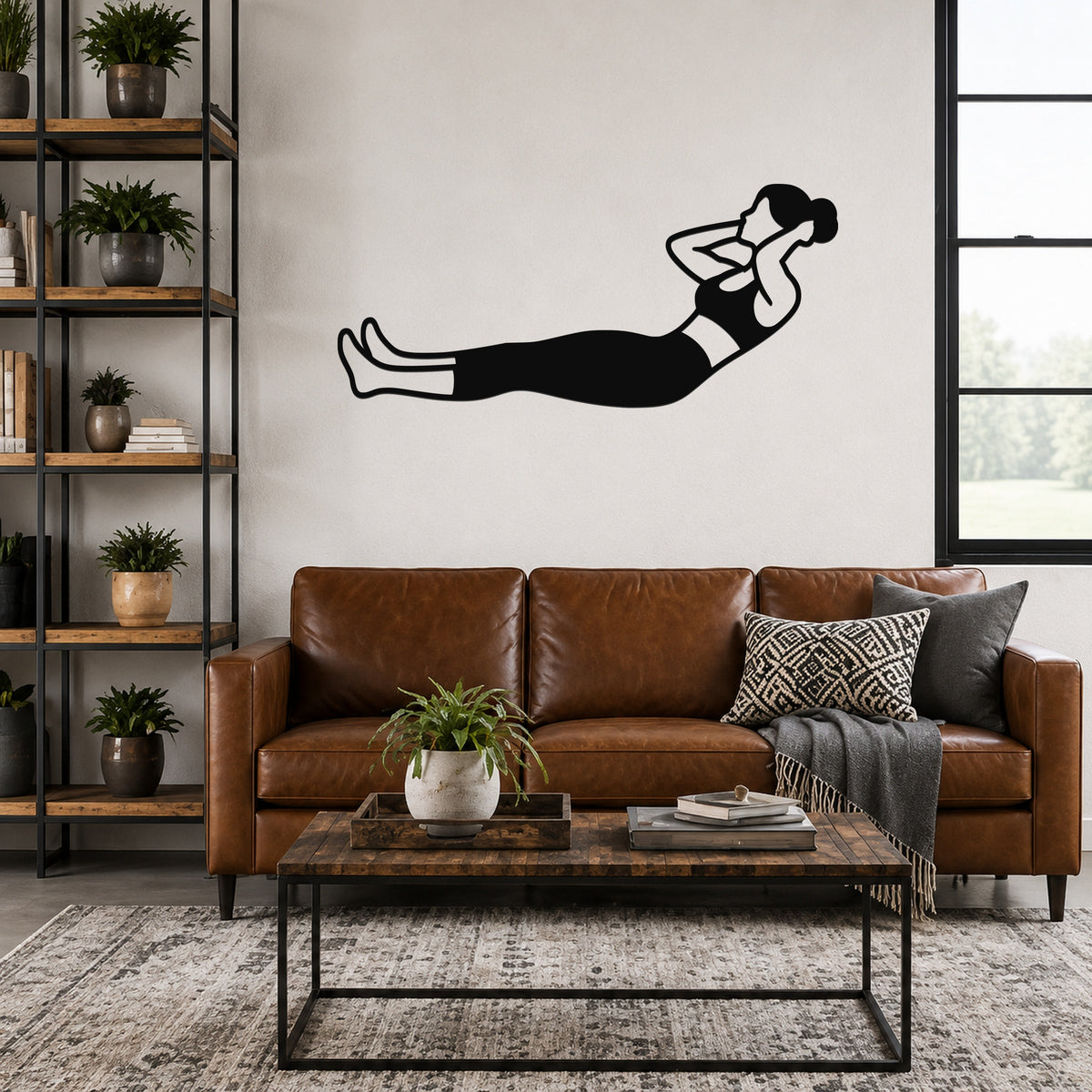 Female Classical Pilates Neck Pull waterproof steel metal wall art, mockup 6