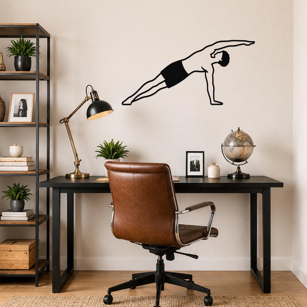 Male Classical Pilates Side Bend waterproof steel metal wall art, mockup 6