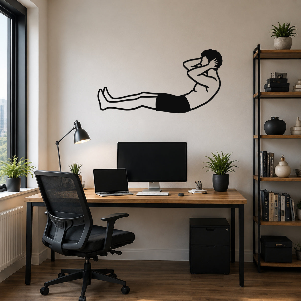 Male Classical Pilates Neck Pull waterproof steel metal wall art, mockup 6