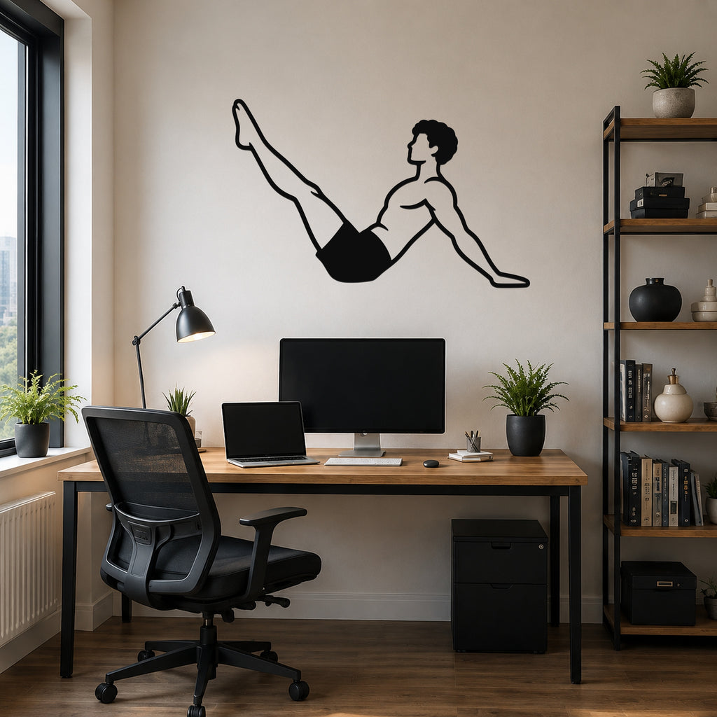 Male Classical Pilates Hip Circles waterproof steel metal wall art, mockup 6