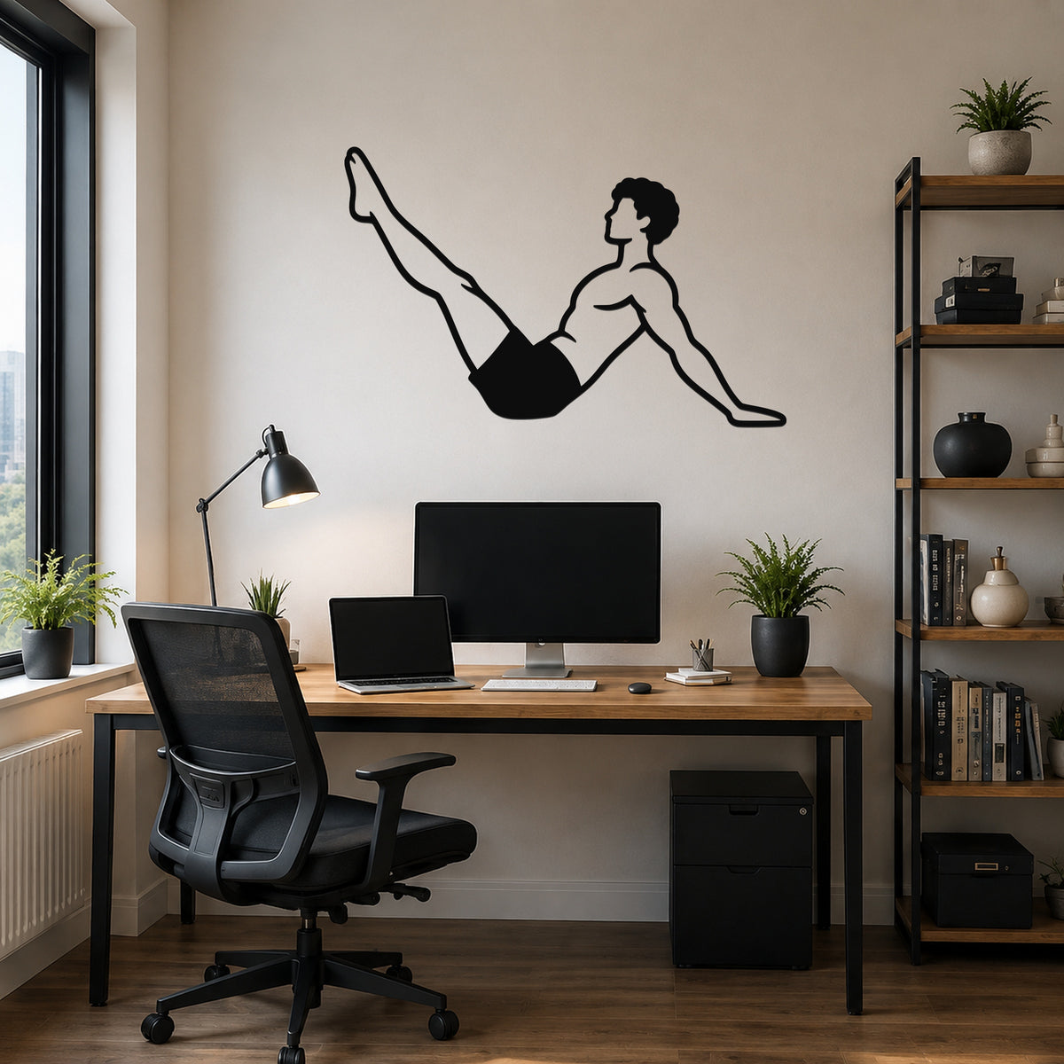 Male Classical Pilates Hip Circles waterproof steel metal wall art, mockup 6