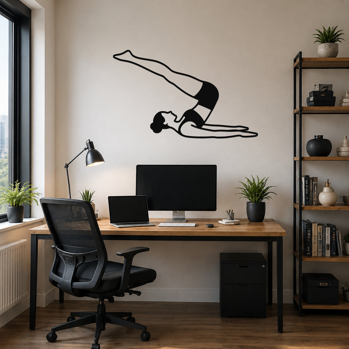 Female Classical Pilates Jack Knife waterproof steel metal wall art, mockup 6