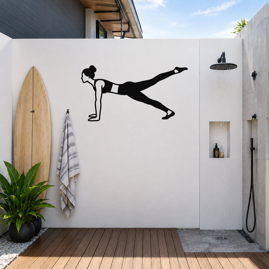 Female Classical Pilates Leg Pull Front waterproof steel metal wall art, mockup 6