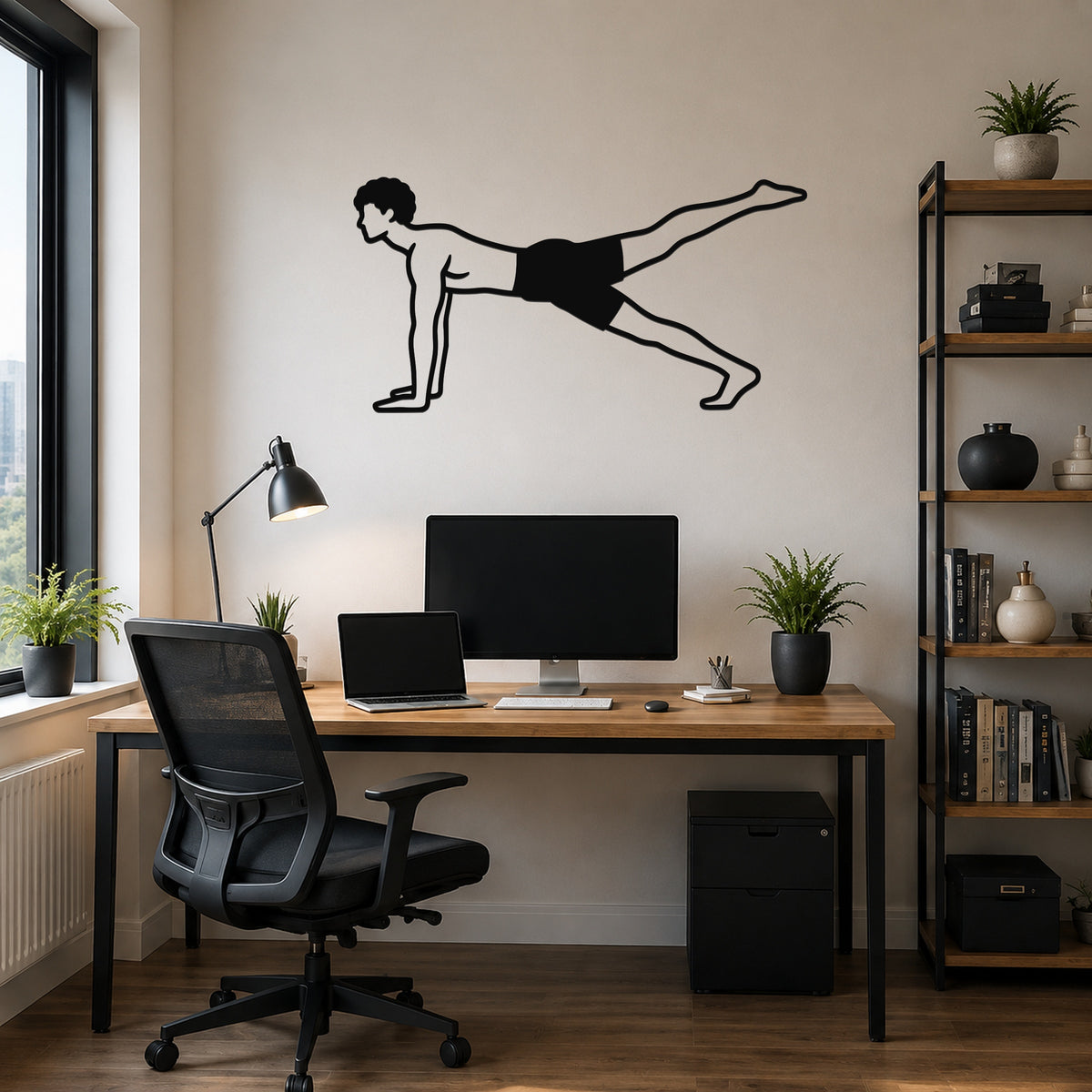Male Classical Pilates Leg Pull Front waterproof steel metal wall art, mockup 6