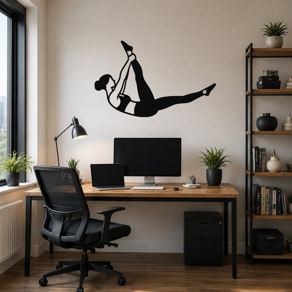 Female Classical Pilates Single Straight Leg waterproof steel metal wall art, mockup 6
