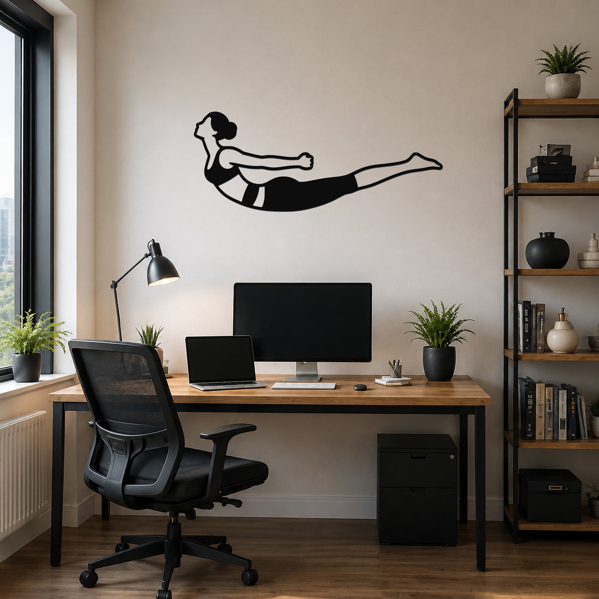 Female Classical Pilates Double Leg Kick waterproof steel metal wall art, mockup 6