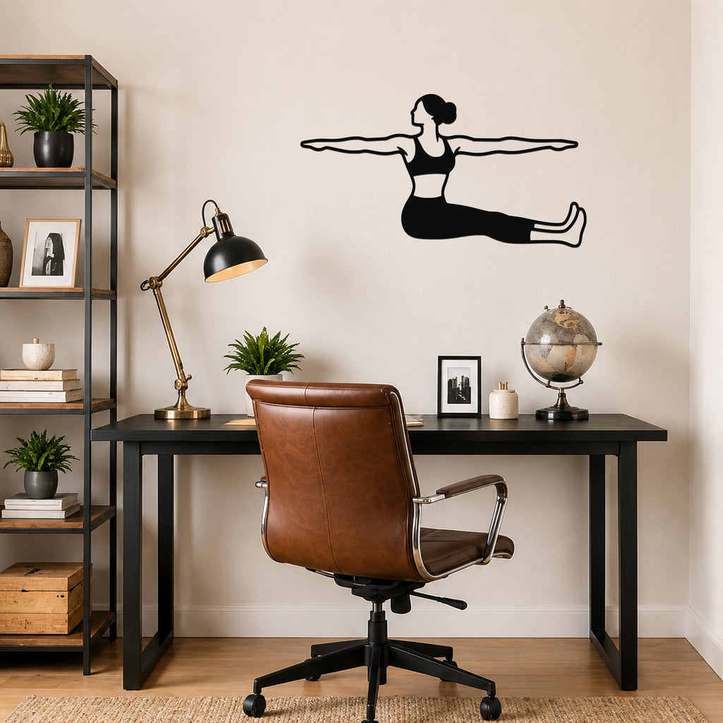 Female Classical Pilates Spine Twist waterproof steel metal wall art, mockup 6