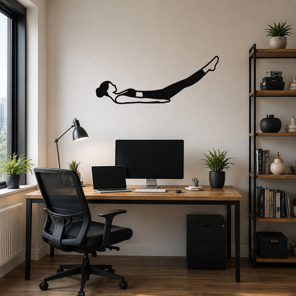 Female Classical Pilates Hundred waterproof steel metal wall art, mockup 6