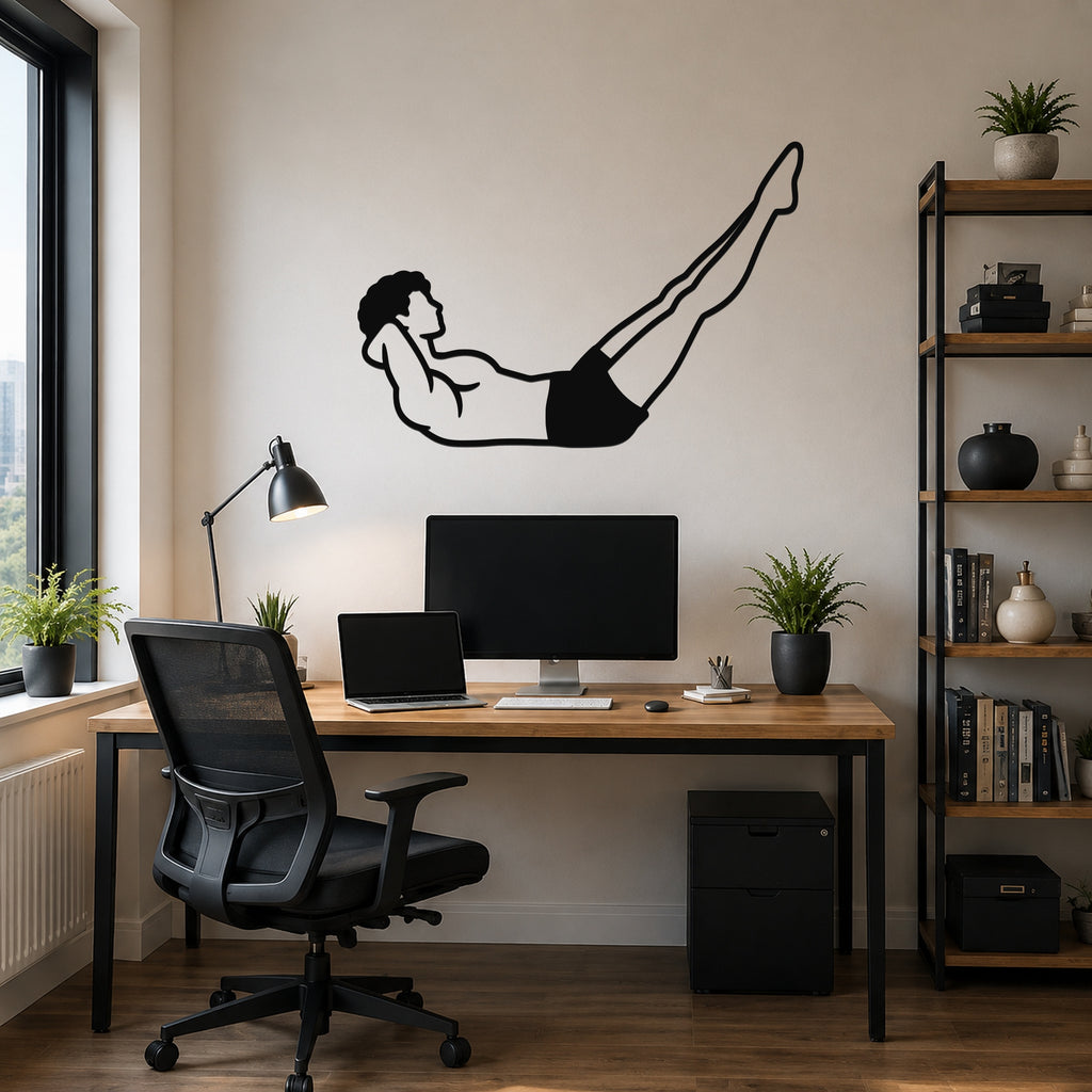 Male Classical Pilates Double Straight Leg waterproof steel metal wall art, mockup 6