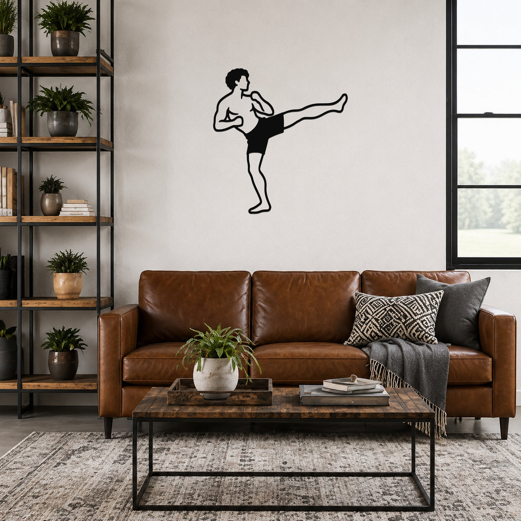 Male Karate Roundhouse Kick waterproof steel metal wall art, mockup 6
