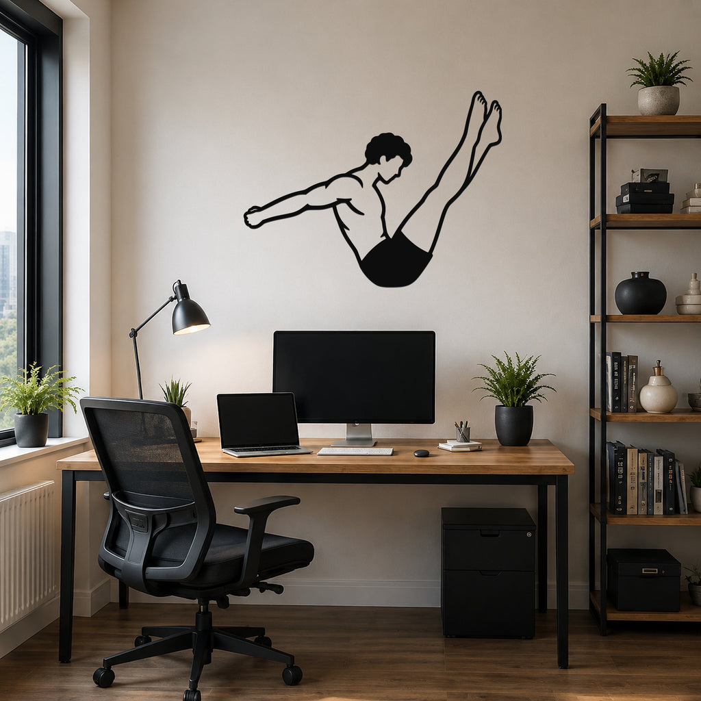 Male Classical Pilates Boomerang waterproof steel metal wall art, mockup 6