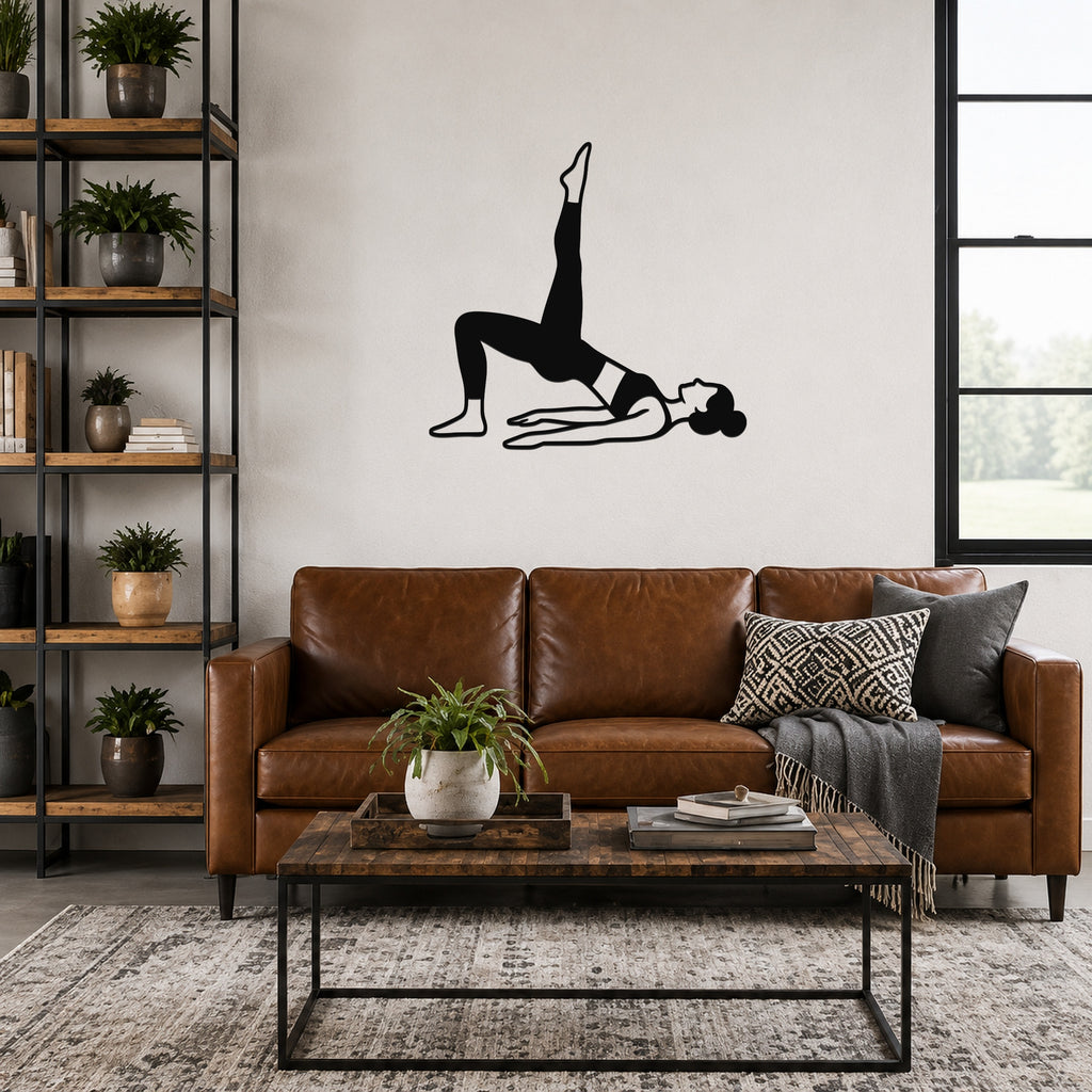 Female Classical Pilates Shoulder Bridge waterproof steel metal wall art, mockup 6