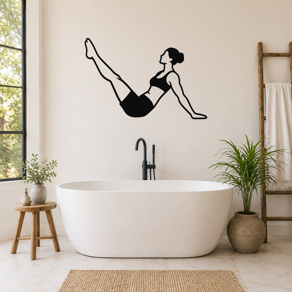 Female Classical Pilates Hip Circles waterproof steel metal wall art, mockup 6
