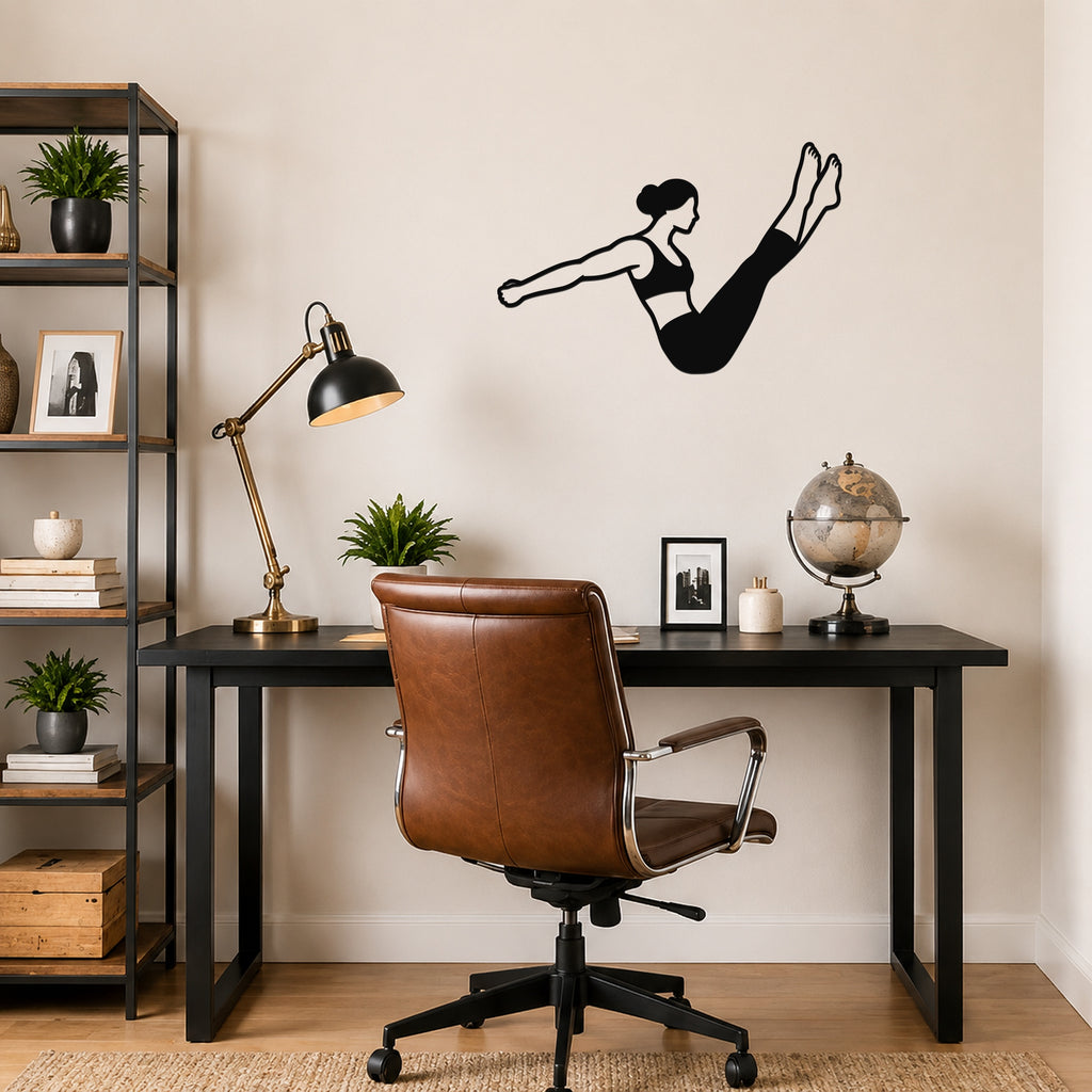 Female Classical Pilates Boomerang waterproof steel metal wall art, mockup 6