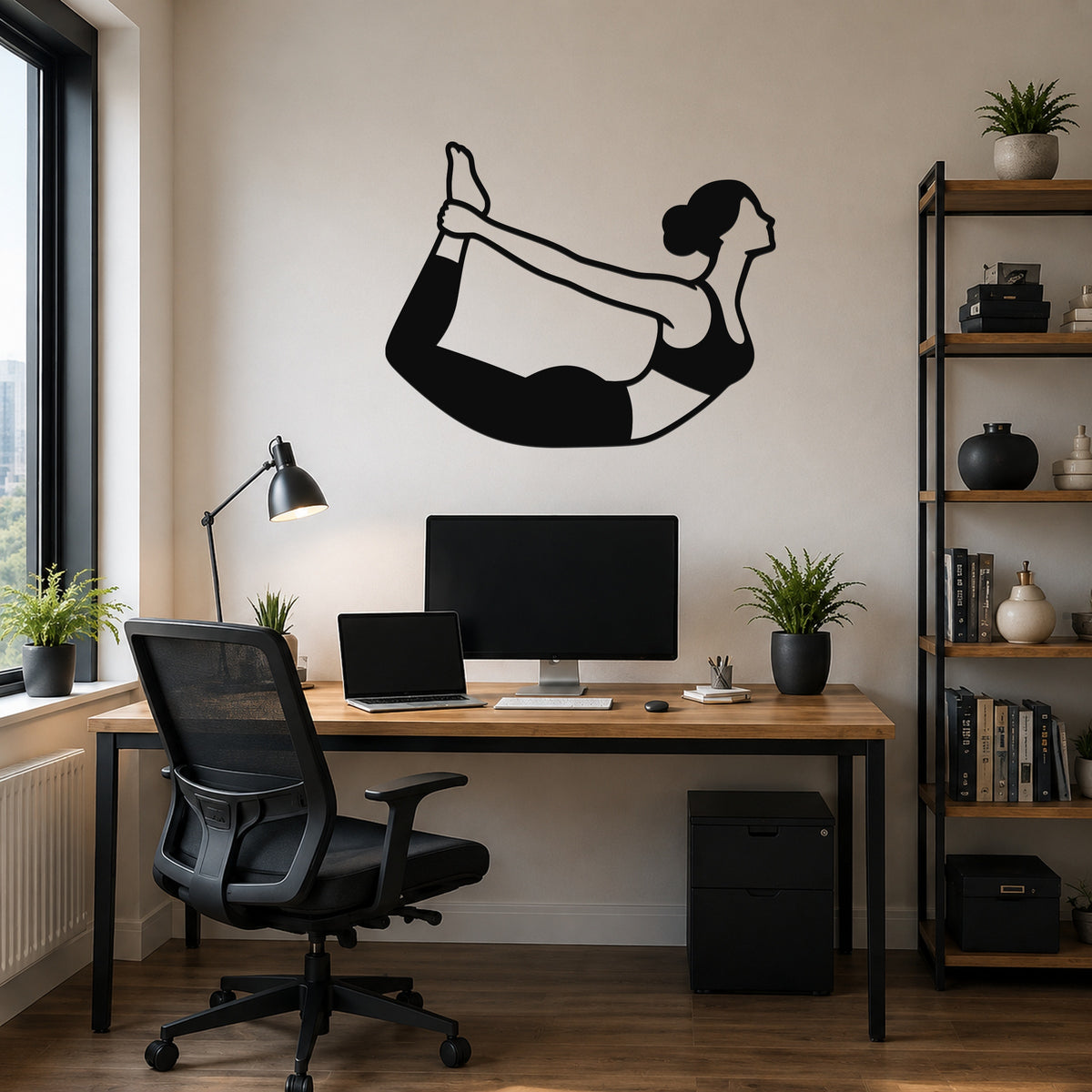 Female Classical Pilates Rocking waterproof steel metal wall art, mockup 6