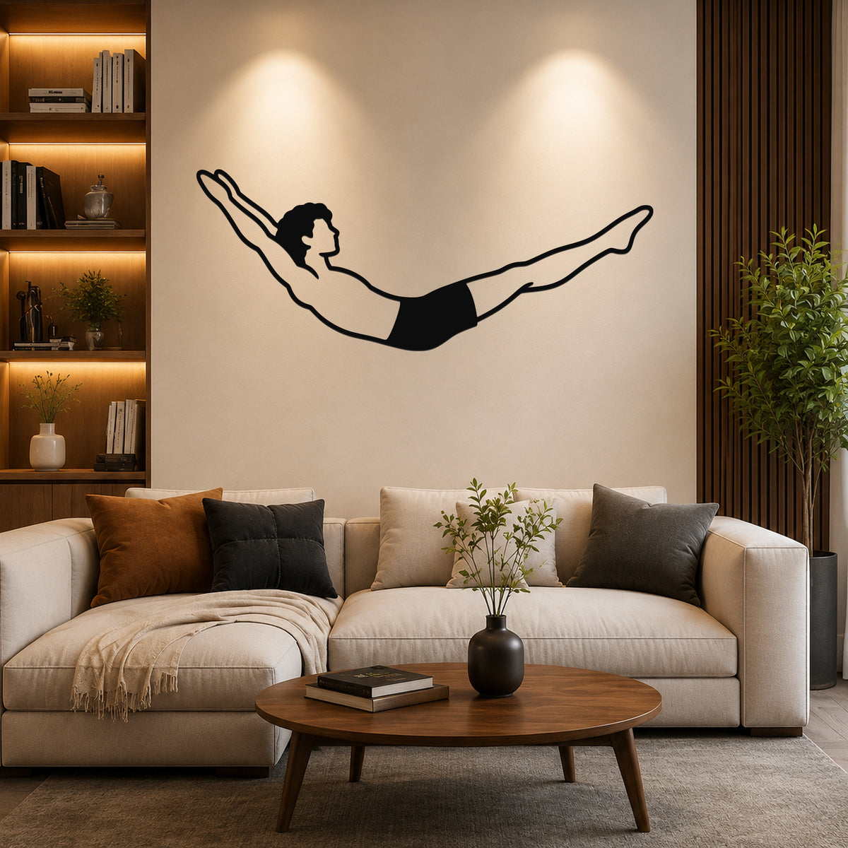 Male Classical Pilates Double Leg Stretch waterproof steel metal wall art, mockup 6