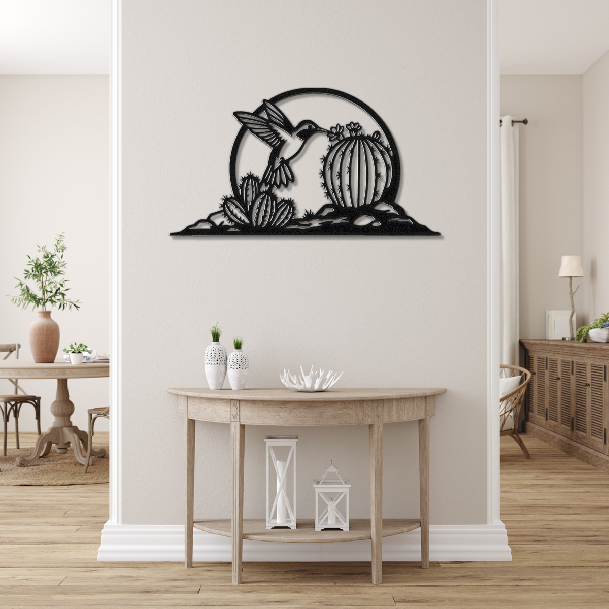 Barrel Cactus Metal Wall Art Desert Scene, Hummingbird Silhouette (Weatherproof Steel, Indoor Outdoor, Southwest Style)